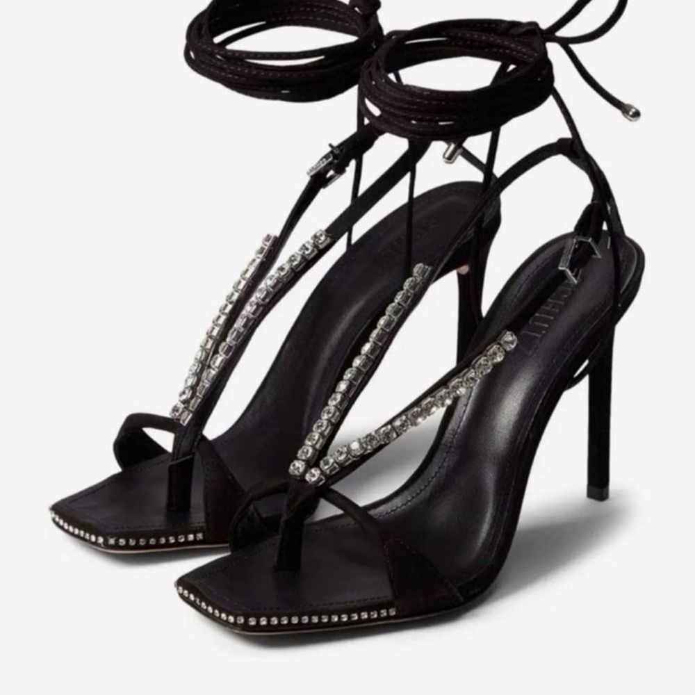 Women's Black Rhinestone Lace-Up Stiletto Sandals
